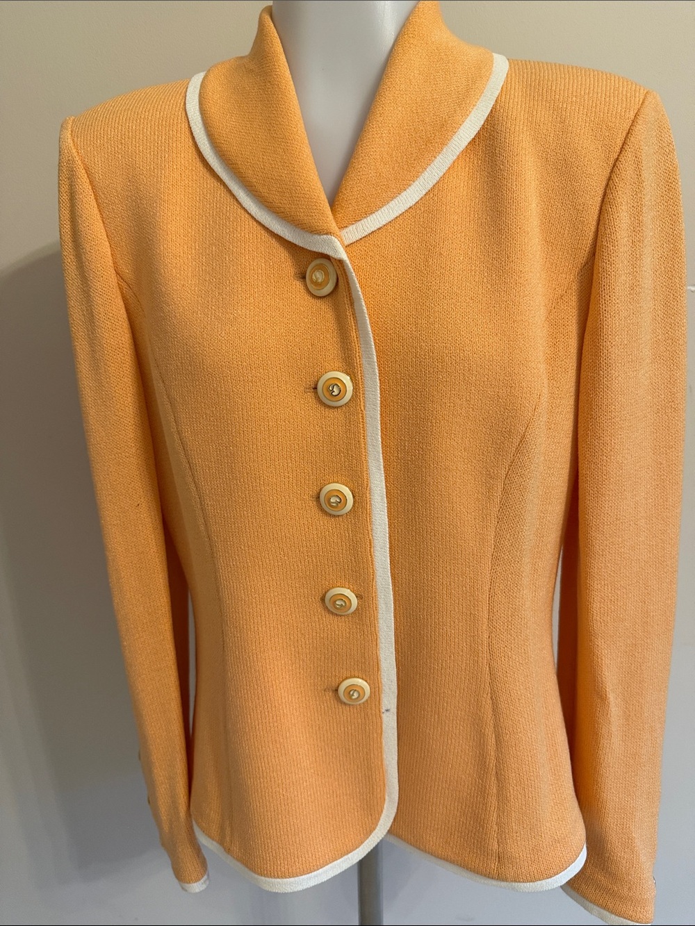 Womens St John Peach Knit Button-Front Blazer Jacket with Ivory Trim